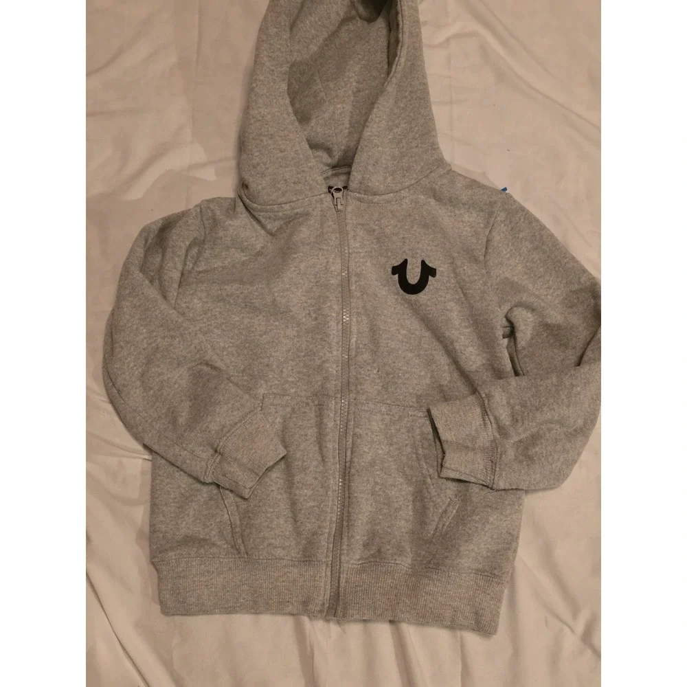 True Religion C H ilds Hoodie. Gray‎ With Full Iron On On Back. Symbol On Front.